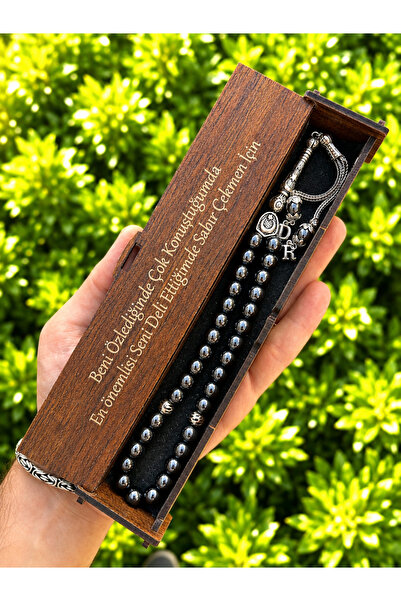 KANUNİ TESBİH Hematite Stone Prayer Beads with Letter Detail and Wooden Box