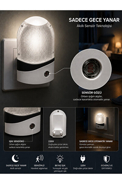 kialed Siyah Sensörlü LED Gece Lambası 220V Prize Takılan Otomatik Gece Yanan Beyaz Işık 9x7 cm