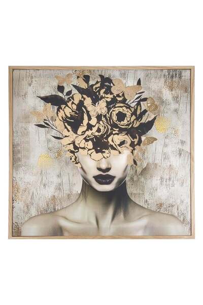 CATIANO Tablou in Ulei Femeie cu Flori & Fluturi Folie Negra Aurie 60x60x2,5cm