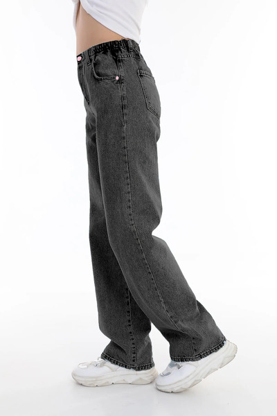 Pantulux Kız Çocuk Komple Bel Lastikli Bol Paça Rahat Günlük Jean Kot Pantolon