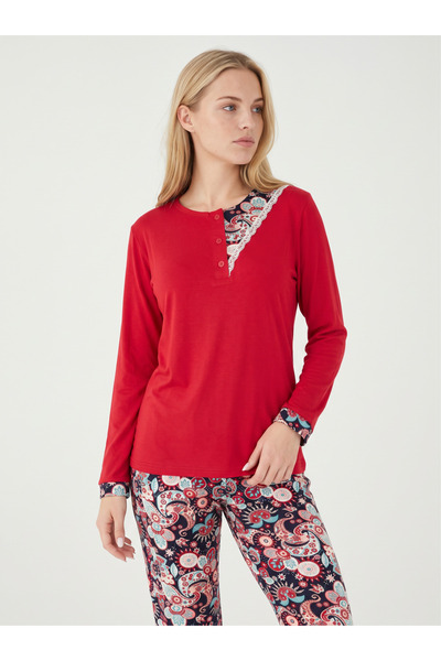PİJAMANGEL Women's Long Sleeved Viscose Pajama Set Red