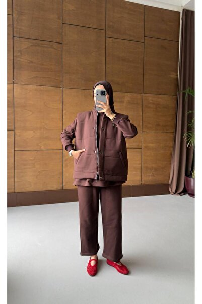 Ferte Kadın Tesettüre Uygun 3'lü Takım Sweatshirt-Pantolon-Yelek Takım