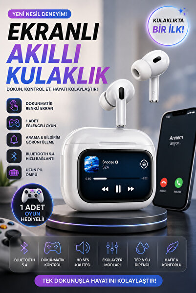Happy Owl Ekranlı Bluetooth Kulaklık Dokunmatik Akıllı Şarj Kutusu, Oyunlu, A...