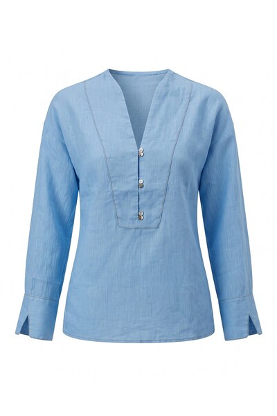 Bade Butik Blue Buttoned Front Raw Linen Oversize Blouse