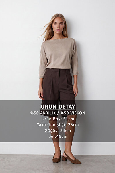 Trend Alaçatı Stili Kadın Bej Bisiklet Yaka Yarım Kol Triko Bluz Alc-X15655