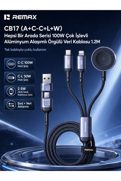 Remax All-in-One 100W Çok Fonksiyonlu Dönüştürücülü Örgü Şarj Kablosu 1.2m - ...