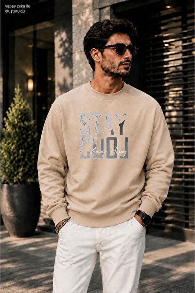 caddekombin Men's Stay Cool Always Happy Typography Printed Cycling Round Nec...