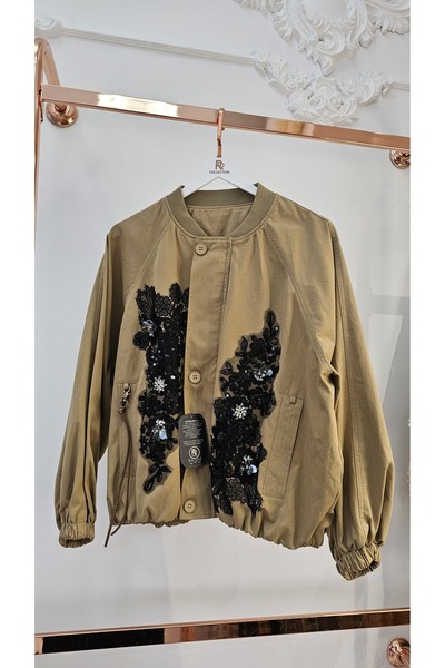 RR COLLECTION ithal - Siyah Dantel ve Taş İşlemeli İthal Bej Bomber Ceket