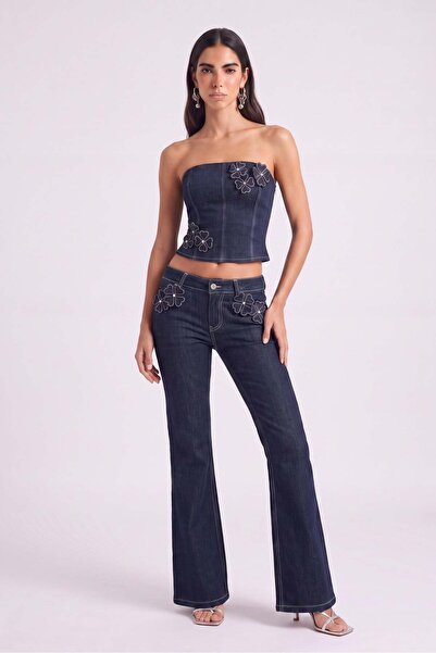 HOLLY LOLLY Çiçek Detaylı Düşük Bel Flare Clover Jean Pantolon Lacivert