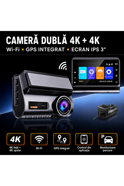 Empionics Cameră auto duală 4K + 4K, GPS integrat, WiFi, Ecran IPS de 3 ", 170° °   Unghi de vizualizare, Viziune nocturnă, WDR, Senzor G, Card de 64GB și kit de conectare directă incluse, Monitorizare 24/7, Mod de parcare