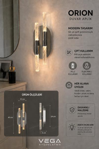 VEGA AYDINLATMA Orion Silver - Krom 45x12 cm Pilli ve Elektrikli Dekoratif Duvar Aplik