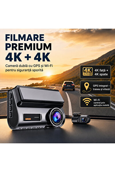 Empionics Cameră auto duală 4K + 4K, GPS integrat, WiFi, Ecran IPS de 3 ", 170° °   Unghi de vizualizare, Viziune nocturnă, WDR, Senzor G, Card de 64GB și kit de conectare directă incluse, Monitorizare 24/7, Mod de parcare