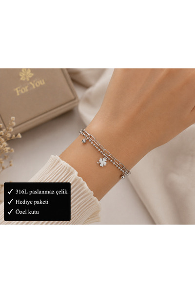 HER ŞEY NOTA www.herseynota.com 316L Steel Clover Figured Double Chain Women'...