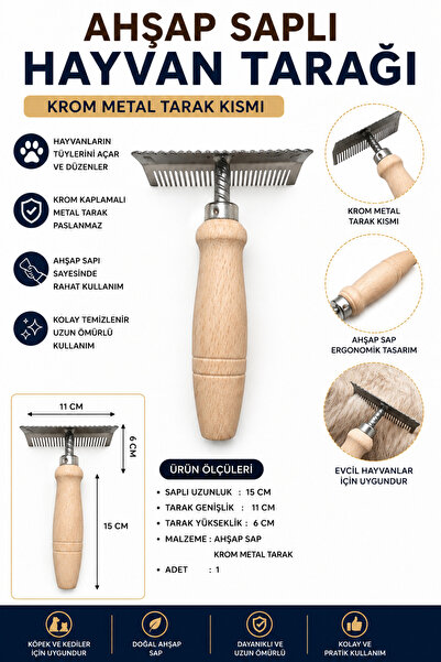 YMN Ahşap Saplı Hayvan Tarağı Kaşağı Saplı Uzunluk 15 Cm Krom Metal Tarak Kıs...