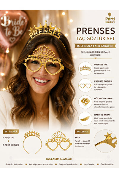 Parti Dükkanı Princess Gold Crown and Glasses Set – Princess Written Heart Gl...