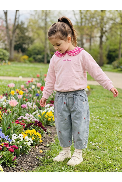 Bubu Kido Kız Çocuk Pembe Çizgili Fırfırlı Bebe Yaka Nakışlı Sweatshirt