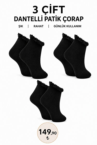 Y&A SOCKS DANTELLİ PATİK ÇORAP Siyah Rahat Şık Günlük ve Okul Kullanımına Uygun