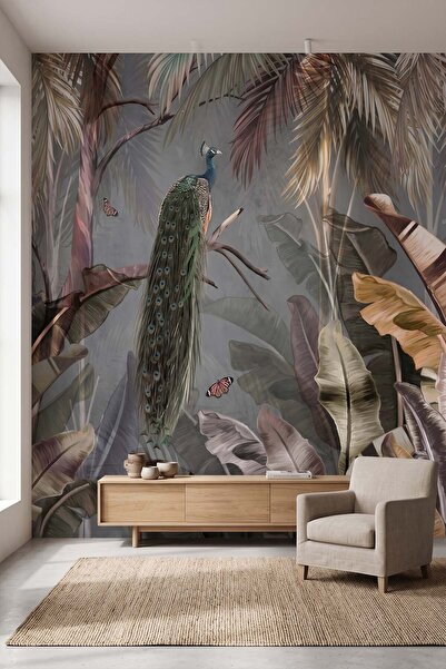dreamwall Tavus Kuşlu Tropikal Orman Desenli Tek Parça Tekstil Duvar Kağıdı