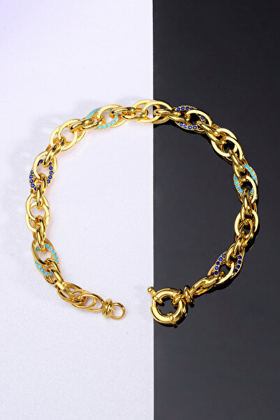 innuendo jewelery 925 Ayar Gümüş Mavi Taşlı Hallow Bileklik 22 Ayar Altın Kap...