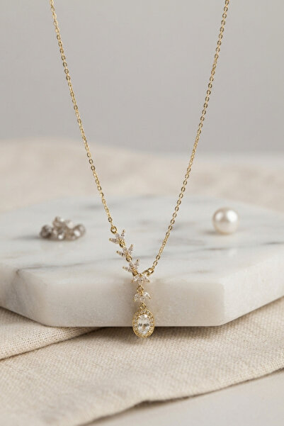 Clariss Brass Gold Color Row Zircon Stone Model Women's Necklace
