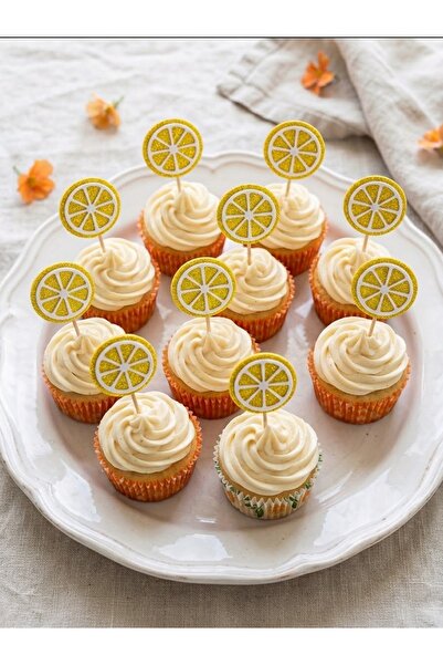 Limon Sarı Simli Cupcake Kürdanı Doğum Günü Parti ve Pasta Süsü 10 lu 5cm