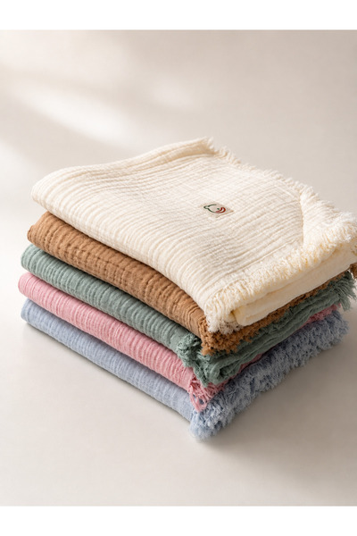 e&f Store Püsküllü 4 Katlı Müslin Bebek Battaniyesi - Bebe Mavi