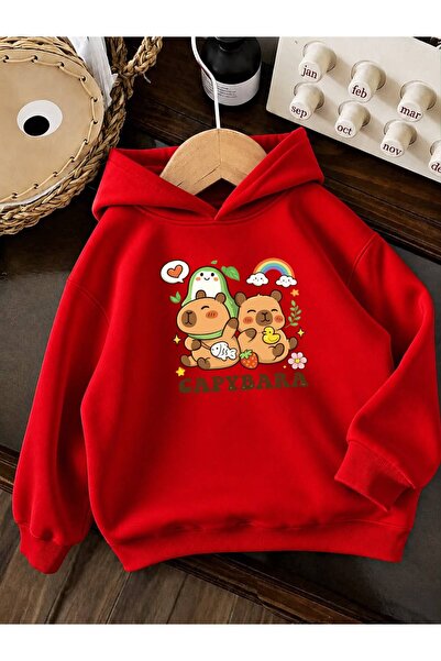 BENROMA 3 Yarn Combed Cotton Capybara Printed Unisex Children's Hooded Sweatw...