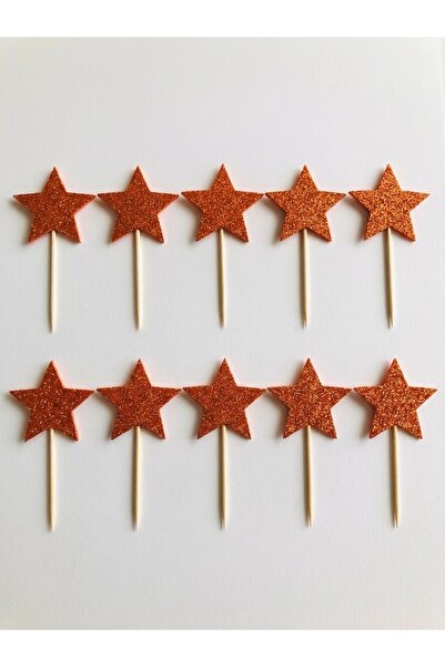 Yıldız Turuncu Simli Cupcake Kürdanı Doğum Günü Parti ve Pasta Süsü 10 lu 5cm