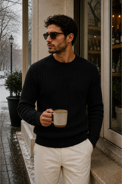 legends butik Men's Premium Ribbed Knitwear Sweater Crew Neck Slim Fit Winter...