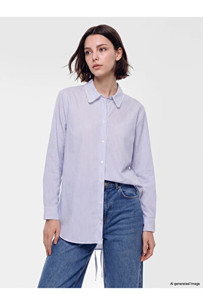 LC Waikiki Lcw Modest Blue Striped Lace-Up Women's Shirt Tunic