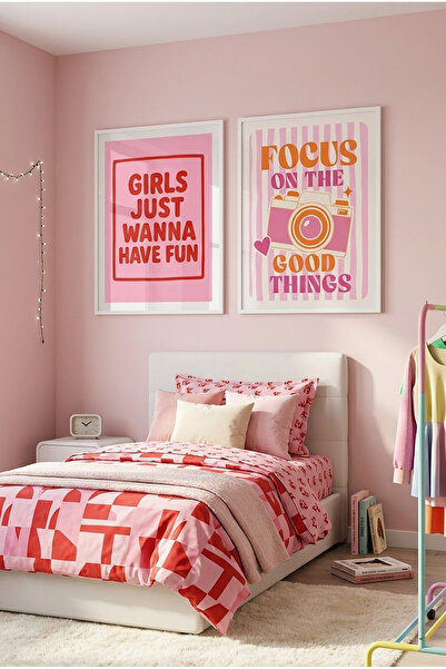 Linacci 2-Piece Young Girl's Room Retro Pop Art Wall Painting Set - Pink with...