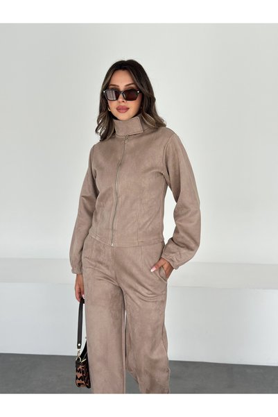 MİSPİER Suede Stand Collar Zipper Jacket and Trouser Set with Detailed Cuffs