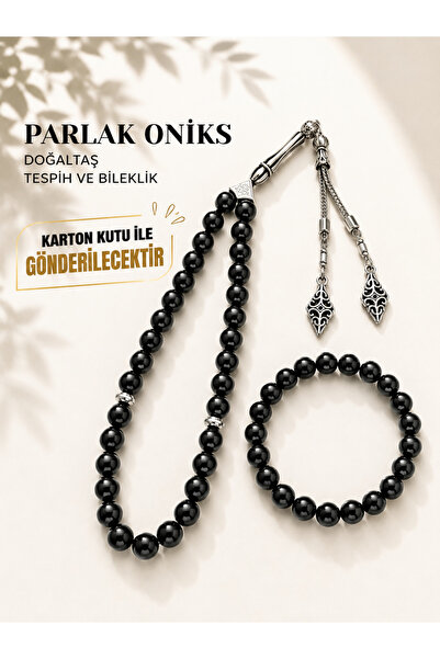 QELA COLLECTION Parlak Oniks Doğaltaş Tesbih ve Bileklik Seti Erkek Hediyelik...