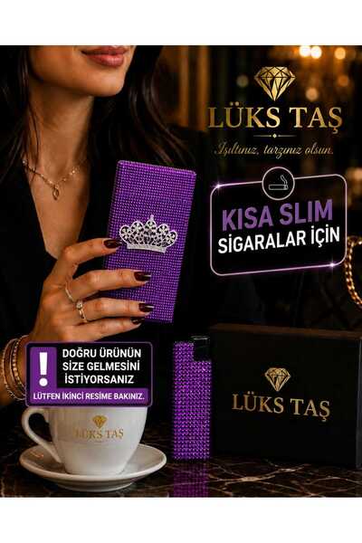 Lüks Taş sigara kutusu ve çakmak [ TAÇLI KISA SLİM ]