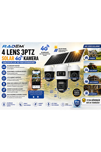 RD-104 4 Lensli 3PTZ Güneş Enerjili eSIM & 4G SIM Kartlı Solar Güvenlik Kamerası 16000 mAh Renkli Gece Görüşlü IP66 Dış Mekan