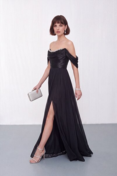 Lafaba Women's Black Boat Neck Long Evening Dress with Stone Detail
