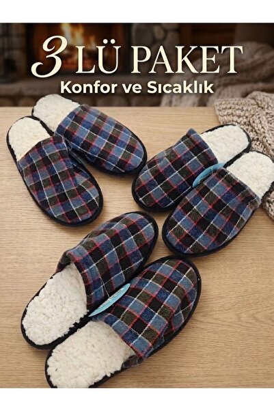 NOXMARK İçi Tüylü Ekose Desen 3lü Paket Kışlık Erkek Ev Terliği Çeyiz Misafir...
