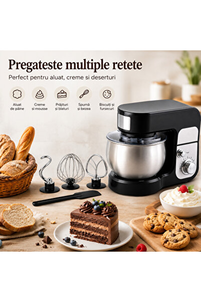 Fabrilux Mixer Planetar Multifunctional 3 in 1 700W, Bol Inox 3L, 6 Viteze, 3 Accesorii + Spatula, Negru