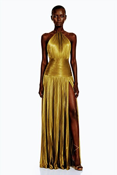 Modayazar Metallic Textured Halter Neck Slit Long Dress Pink