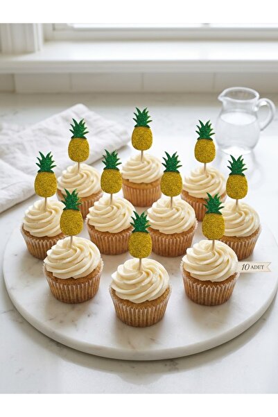 Ananas Sarı Simli Cupcake Kürdanı Doğum Günü Parti ve Pasta Süsü 10 lu 5cm