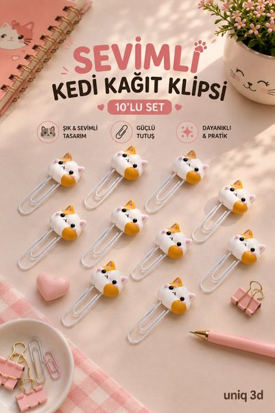 UNİQ 3D Sevimli Kedi Kağıt Klipsi – 10’lu Set 🐱📎