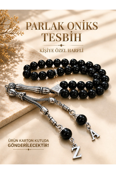 QELA COLLECTION Parlak Oniks Tesbih Kişiye Özel Harfli Doğal Taş Erkek Tesbih...
