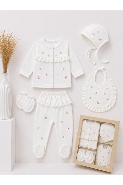 LİLİYUM Baby Girl 5-Piece 100% Cotton Floral Patterned Ruffled Newborn Hospit...