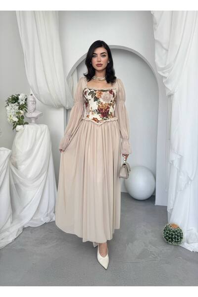 Miss Beyoğlu Women's Floral Corset Detailed Tulle Sleeve Midi Dress