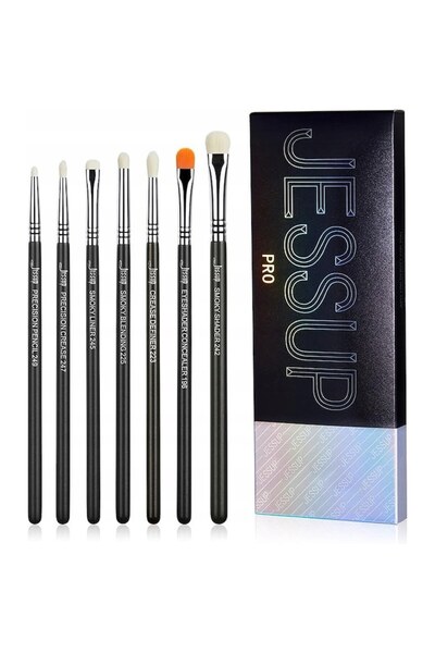 Jessup Set profesional de machiaj T334, 7 pensule sintetice, Negru/Argintiu
