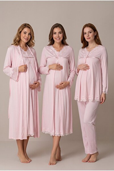 LOHOUSE Women's Powder Lace Long Sleeve Maternity Pajama Nightgown Set with E...