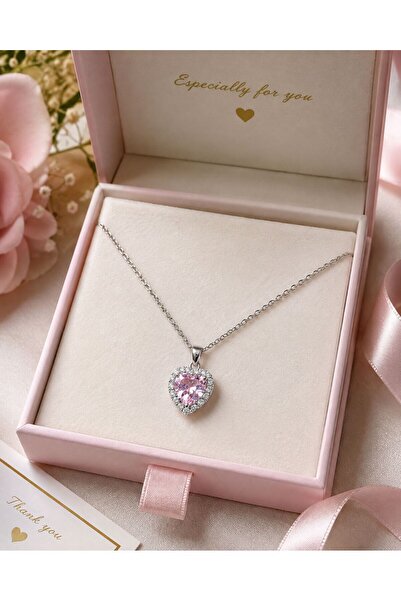 stainles steel Pembe Taşlı Kalp Kolye