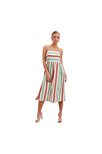 Generic Women's Striped Multicolor Midi Dress – Vibrant & Flowy