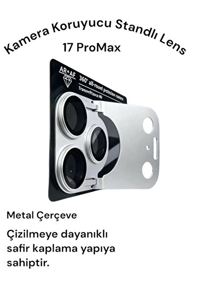İtarz İphone 17 ProMax ile Uyumlu Gri Standlı Safir Kamera Lensi Tam Koruma M...