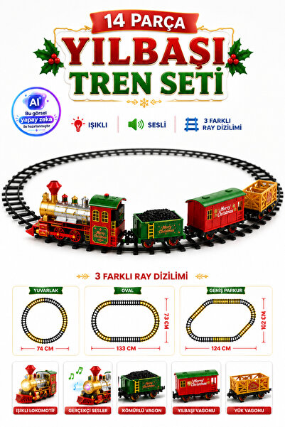TRENDZONE 14 Parça Yılbaşı Tren Seti – Pilli Sesli Işıklı 3 Farklı Ray Dizili...